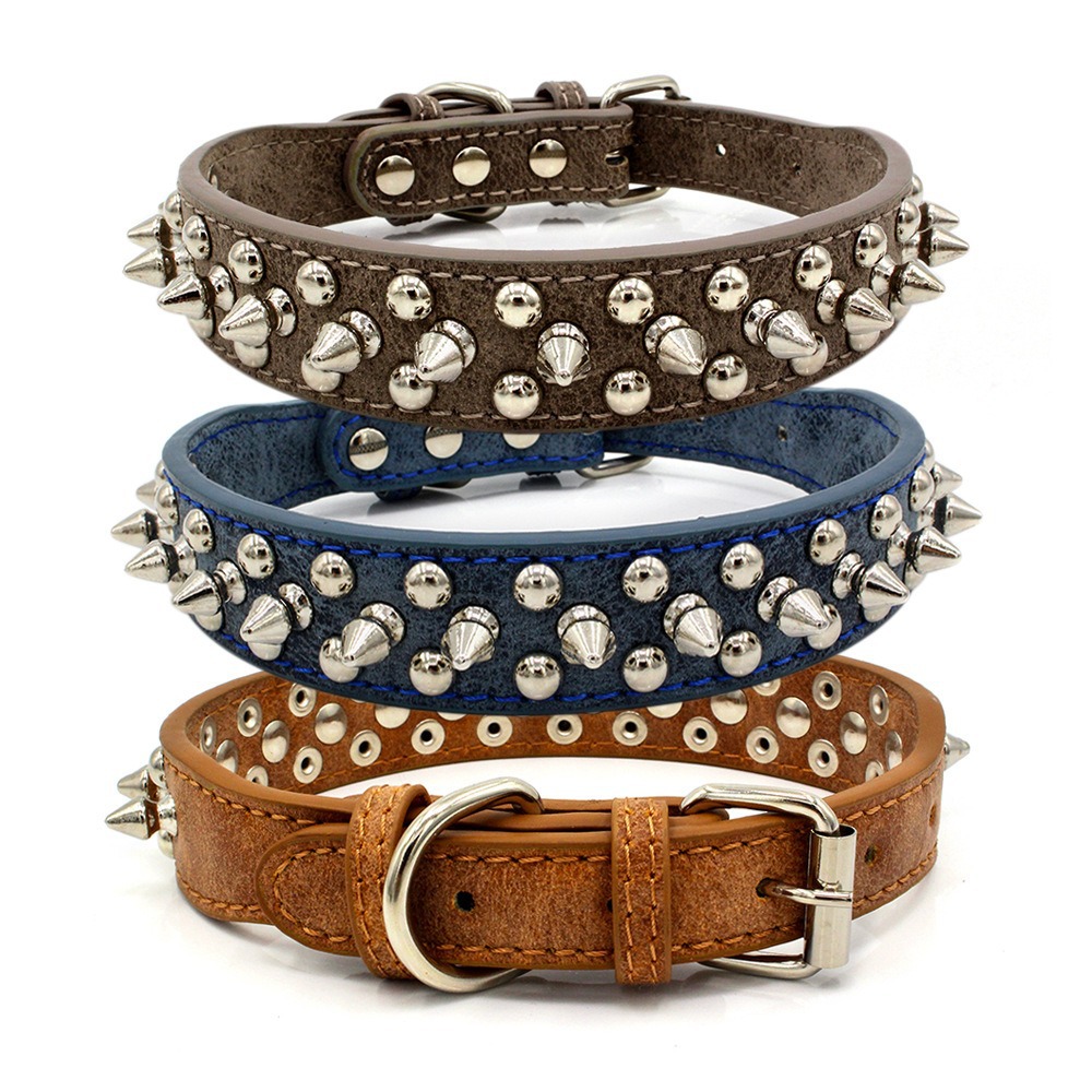 Cross border pet collar retro anti bite rivet punk style dog collar sofa leather medium large dog traction collar