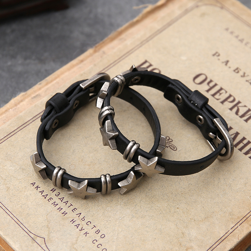 Hot selling men’s accessories, personalized street punk style pentagram retro cowhide bracelet, creative wristband