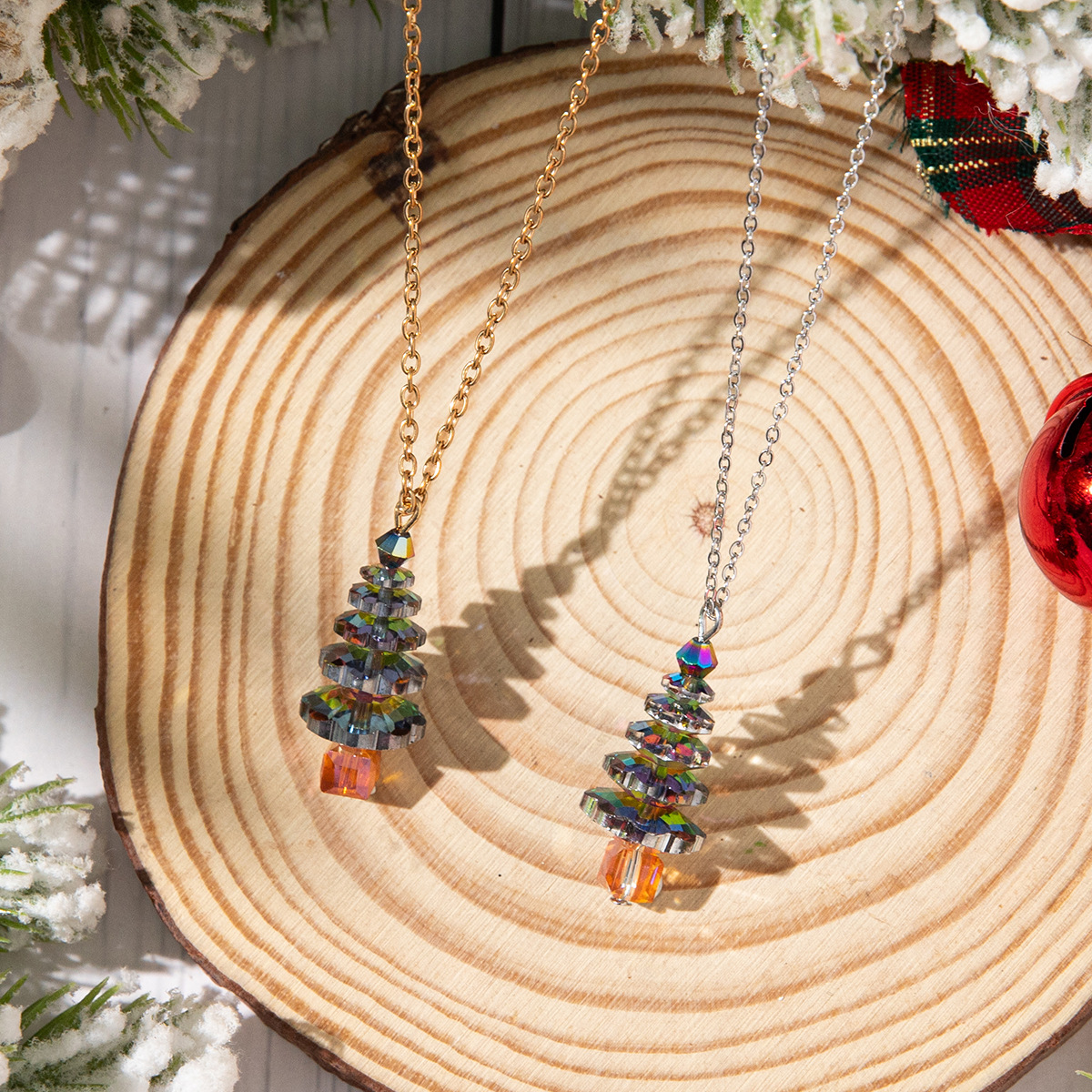 Christmas festive atmosphere accessories: Trendy gilded crystal Christmas tree necklace, alloy collarbone chain