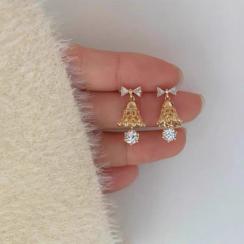 New Style Bell Earrings Christmas Cute Bell Bow Design Sense Light Luxury Zircon Snowflake Christmas Tree Necklace