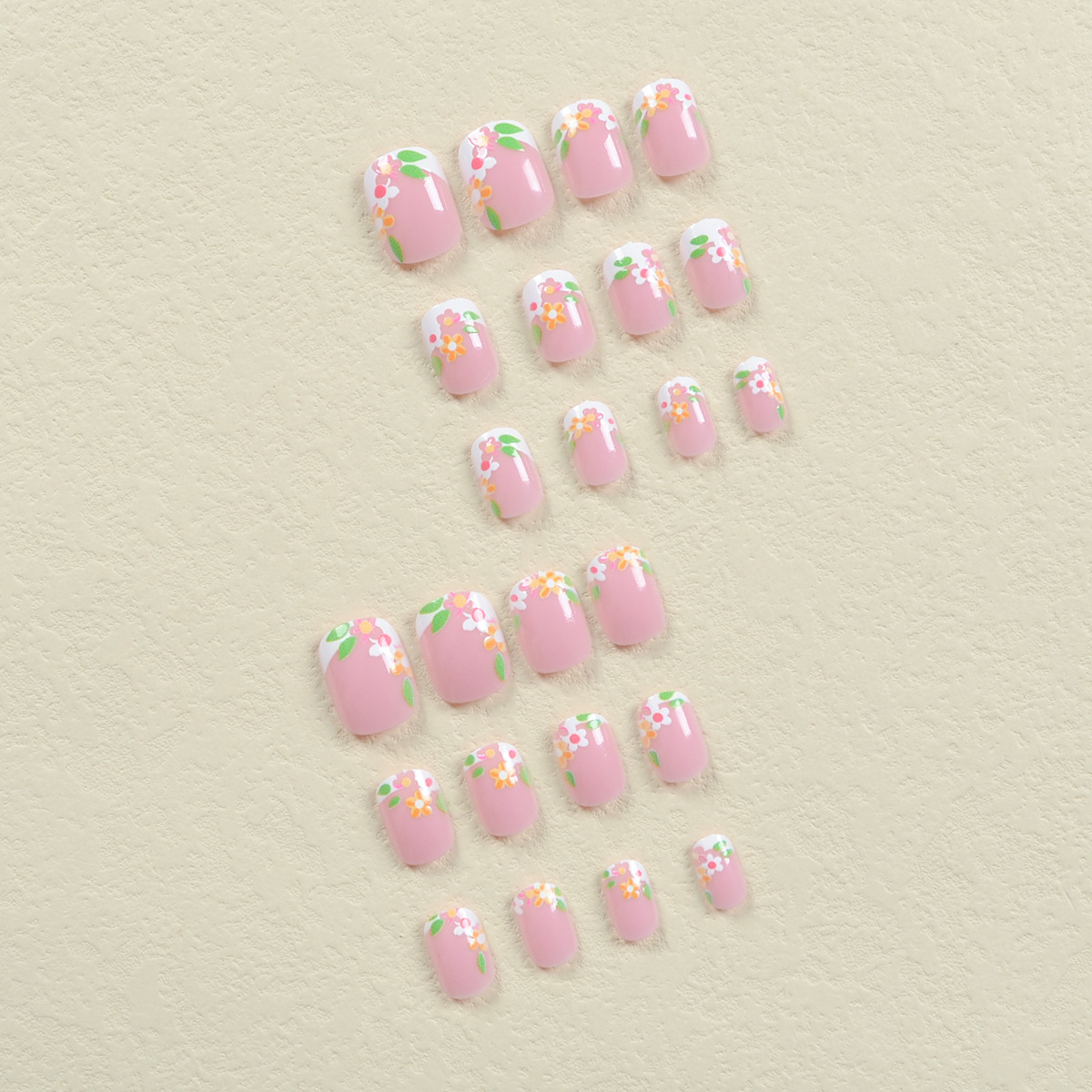 White-edged French-style wearable nail art, colorful small flower nail patches, green grass artificial nail patches