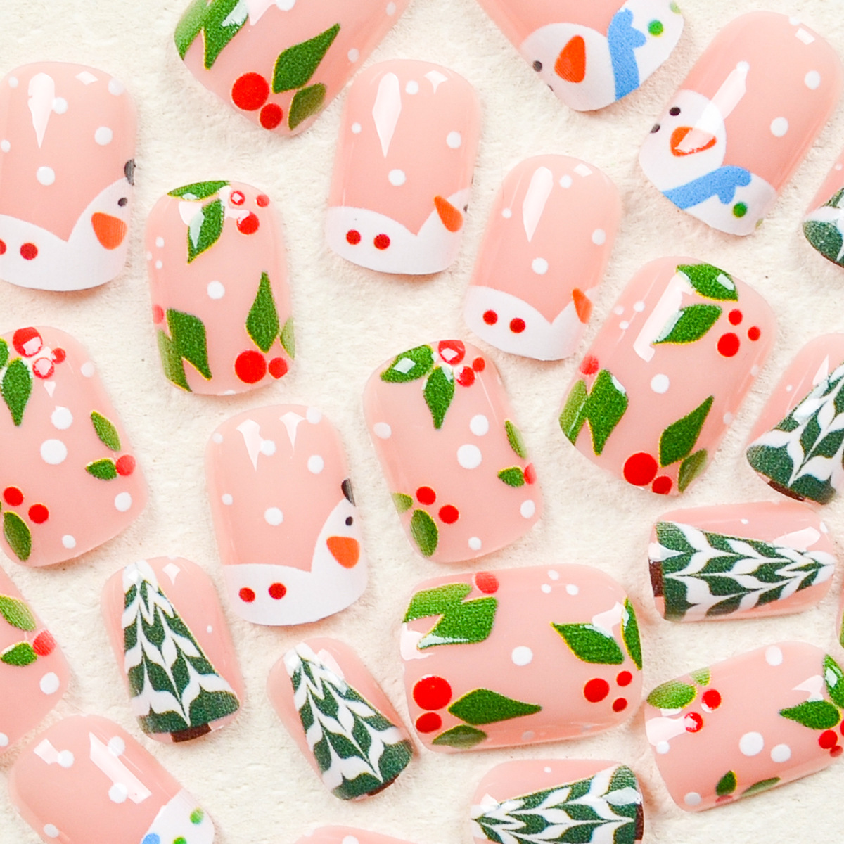 Christmas series Cute cartoon snowman nail patches, green Christmas tree fake nail patches